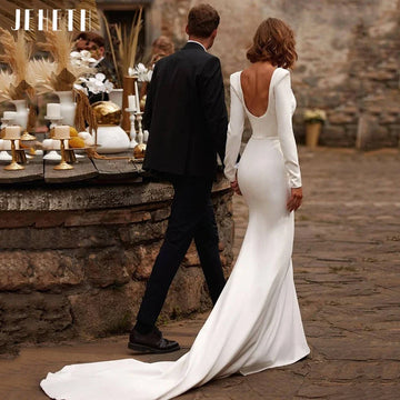 Runhufu Elegant Wedding Dresses Mermaid Square Neck Women Long Sleeves Backless Bridal Gowns Satin Robe De Mari¨¦e Vestidos Novia